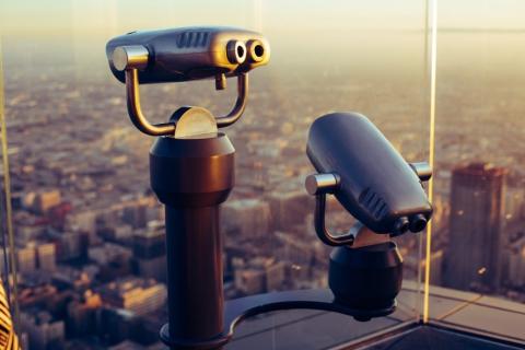 A viewfinder over a cityscape